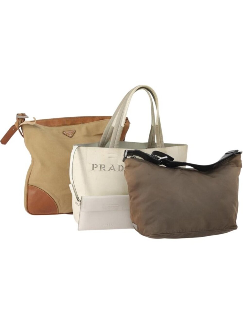 PRADA Shoulder Bag Canvas Nylon Leather 3 Set Brown White